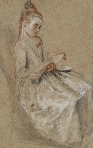 Tyttö istuu musiikkikirja sylissään (mustia, punaisia ja valkoisia liituja karkeakuvioidulla ruskealla paperilla) tekijältä Jean Antoine Watteau